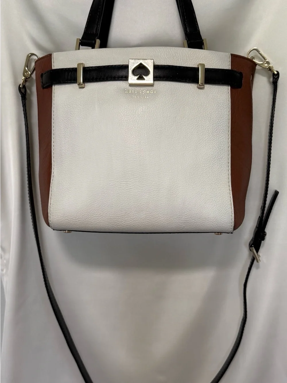 kate spade White, Black & Brown Leather Satchel with Spade Accent